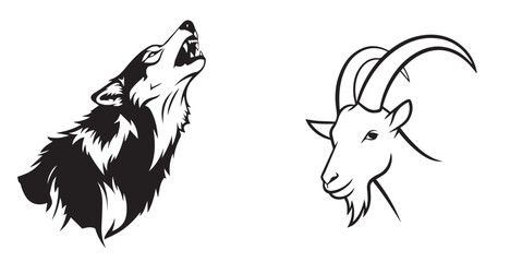 Fototapeta premium Black and White Stylized Howling Wolf and Goat Head Vector Art