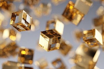 Abstract gold cube shapes floating in space, with a shallow depth of field, creating a sense of wonder and beauty. The light catches the facets of the cubes.