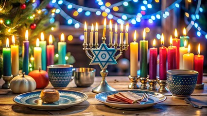 Festive hanukkah celebration with menorah, candles, and traditional treats