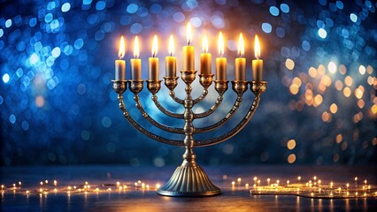Illuminated hanukkah menorah with glowing candles and bokeh background