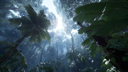 Lush jungle canopy with sunlight filtering through leaves creating a sense of adventure and escape, perfect for travel or nature themed projects