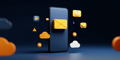 3D illustration of a mobile phone screen displaying an email icon, with floating digital icons above it, minimalistic style on a dark blue background