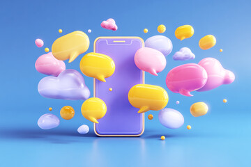 3D illustration of a smartphone with message bubbles flying around it, minimal design on a blue background