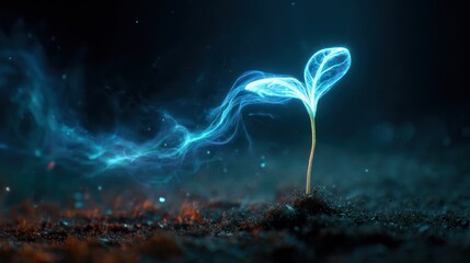 Glowing sprout emerges from soil with ethereal, blue tendrils trailing behind it