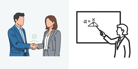 Outlined Vector Graphics of Business Handshake and Math Education Scene