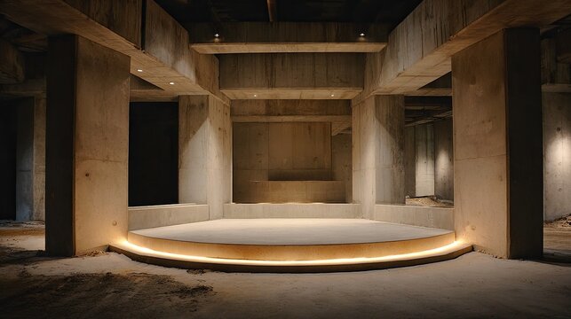Modern concrete interior with glowing stage perfect for presentations, events, or architectural designs