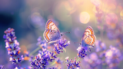 "Two enchanting blue and orange butterflies delicately perch on vibrant lavender blooms, basking in the magical glow of golden sunlight and sparkling bokeh, celebrating summer's ethereal beauty."