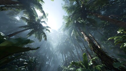 Lush tropical rainforest canopy with sunlight streaming through, creating a serene, idyllic atmosphere perfect for travel and nature themes