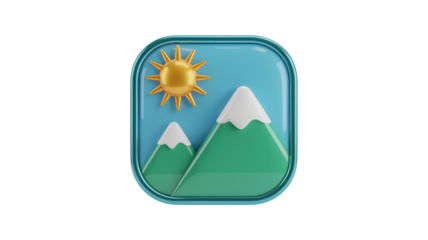 Charming 3D icon of sunny mountain landscape perfect for travel apps, weather forecasts, and outdoor adventure branding