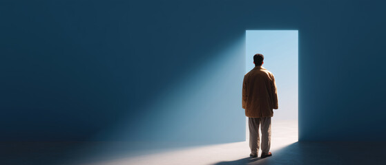 Obraz premium Person Standing in Doorway with Light Shining in Minimalist Space