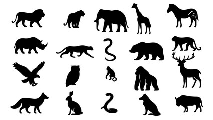Naklejka premium Wild Animal Silhouette Vector Collection – Safari Wildlife and Jungle Icon Set