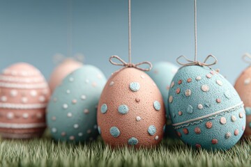 Floating easter eggs over a grassy field under the blue sky create a festive holiday atmosphere