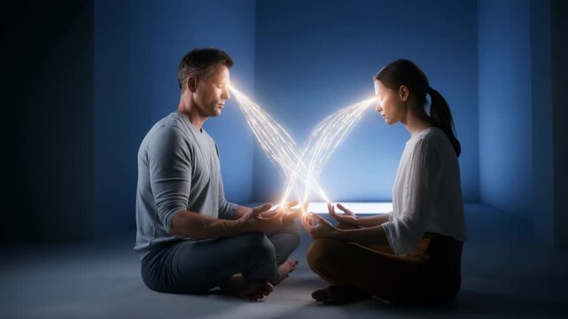 A pair of humans sit facing each other in a minimal chamber, eyes closed. Between them, shimmering threads of light swirl, connecting their temples. The camera slowly encircles them as the threads gro