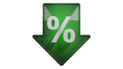 Green downward arrow with percentage sign, highlighting financial decrease, discounts, and market trends, ideal for presentations and reports