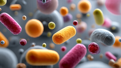3D rendering of abstract bacteria with a grey patterned background, representing microbiology in a conceptual online perspective, created in a vector illustration art style