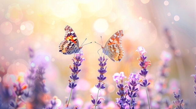 "Two enchanting blue and orange butterflies delicately perch on vibrant lavender blooms, basking in the magical glow of golden sunlight and sparkling bokeh, celebrating summer's ethereal beauty."