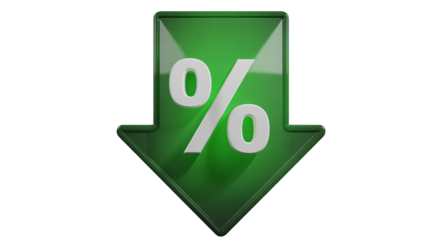 Green downward arrow with percentage sign, highlighting financial decrease, discounts, and market trends, ideal for presentations and reports