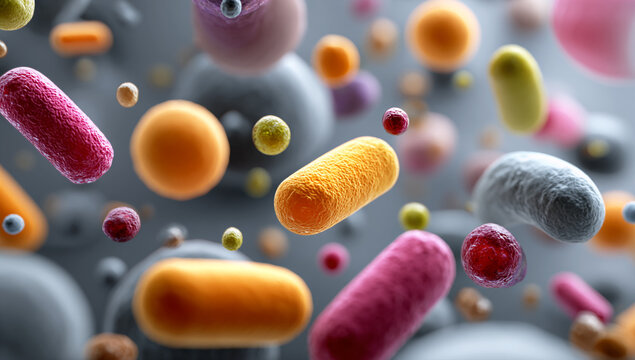 3D rendering of abstract bacteria with a grey patterned background, representing microbiology in a conceptual online perspective, created in a vector illustration art style