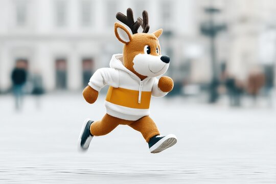 Cheerful deer character dashes playfully, adorned in stylish hoo