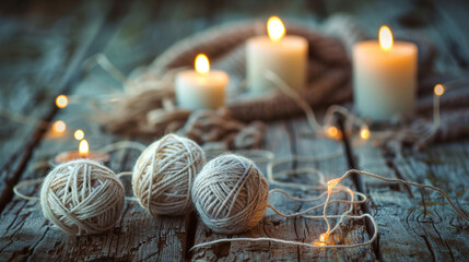 "Three delicate balls of natural yarn are artfully arranged on a weathered wooden surface, softly illuminated by flickering candles and fairy lights, evoking a cozy, rustic, and tranquil ambiance."