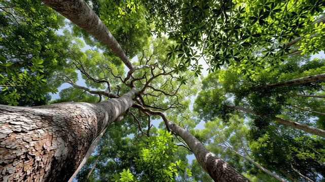 Oxygen and production concept ,Tall tree trunks textured bark bright green leaf canopy clear blue sky peaceful forest nature scene