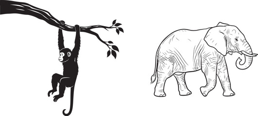 Monochrome Wildlife Illustrations: Monkey and Elephant Vector Art