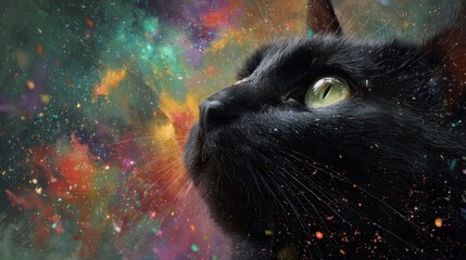 Black cat looking up into a vibrant, colorful cosmic nebula background
