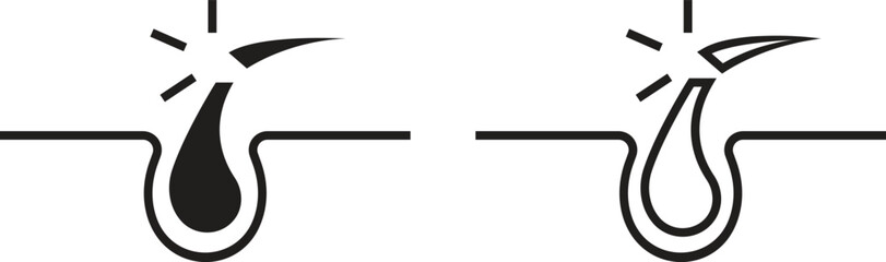 Hair care black flat and outline icon set. Scalp follicle structure illustration, dermatology and trichology medical symbols, beauty treatment and hair growth vectors designs. Cosmetic health concept.