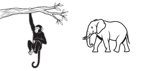 Black and White Vector Illustration of Hanging Monkey and Walking Elephant