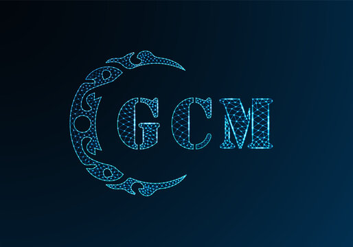 Low poly letter logo GCM design. GCM letter logo low poly vector design on blue color gradient background. GCM logo low poly design