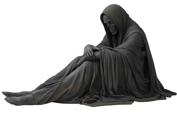Grim Reaper seated, skeletal face hidden, draped in a dark, hooded robe