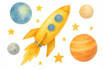 Yellow watercolor rocket flying through space with planets and stars, transparent background