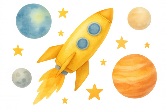Yellow watercolor rocket flying through space with planets and stars, transparent background