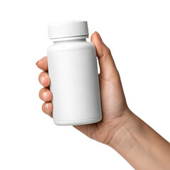 Hand holding a white pill bottle isolated on transparent background