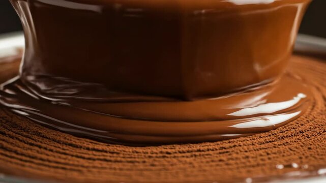 Rich melted chocolate cascade over cocoa powder surface closeup.