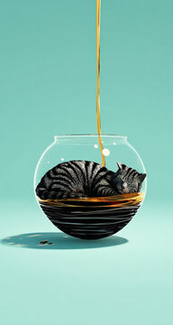 Rewritten title:
A cat sleeping in a transparent cup floating on the moon, with striped tea pouring inside, set against a light green and white minimalist background, dreamy and surreal style.
