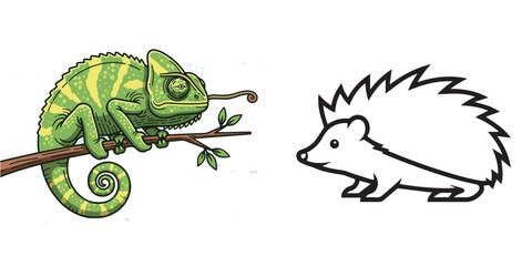 Cartoon Green Chameleon on Branch and Outline Hedgehog Illustration