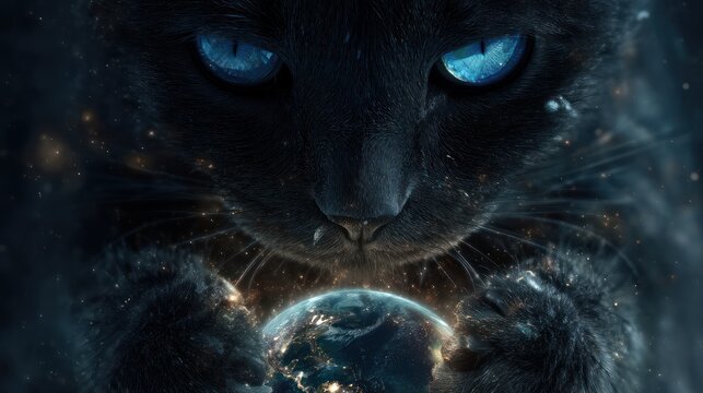 Dark cat with piercing blue eyes holds glowing Earth, cosmic energy around