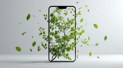 Smartphone displaying greenery concept environmentally friendly technology