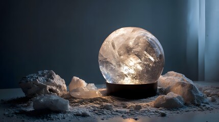 Fototapeta premium Glowing crystal sphere sits on a table with raw minerals and dust.