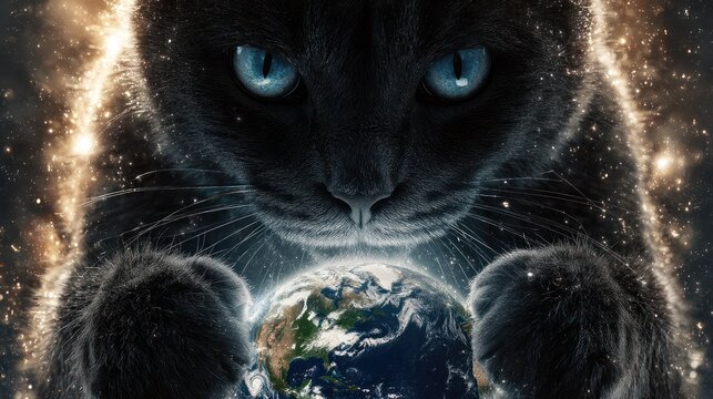 Majestic black cat with piercing blue eyes holding the Earth in paws, cosmic background - Powered by Adobe