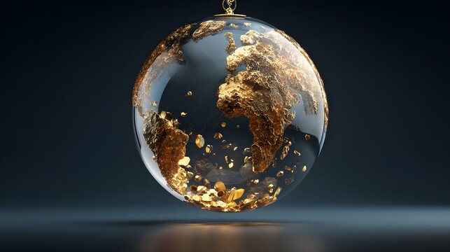 Golden globe with fragmented continents floats in darkness.