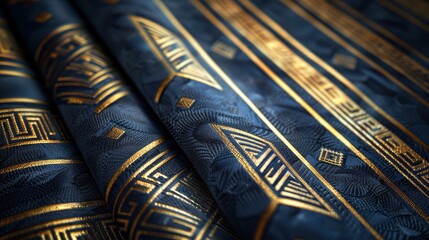 A close-up view of richly patterned fabric featuring intricate gold designs on a deep blue background, showcasing textile artistry.