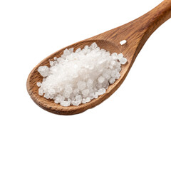 Wooden spoon filled with coarse sea salt isolated on transparent background