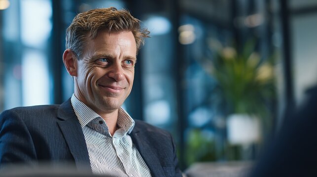 Smiling businessman in a modern office setting, representing success and leadership, looking confident