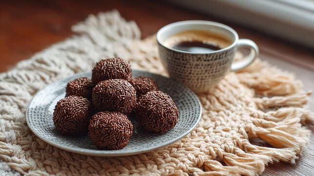 Delicious brigadeiros and warm coffee on a cozy knitted placemat for a relaxing morning break