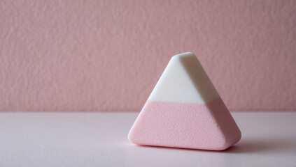 A cute triangular eraser with a white and pink color scheme, placed on a table in front of a solid-colored background wall, minimalist and playful design.