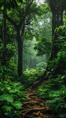 Fototapeta premium A lush, green forest path surrounded by towering trees and dense foliage, evoking a tranquil and serene natural environment.