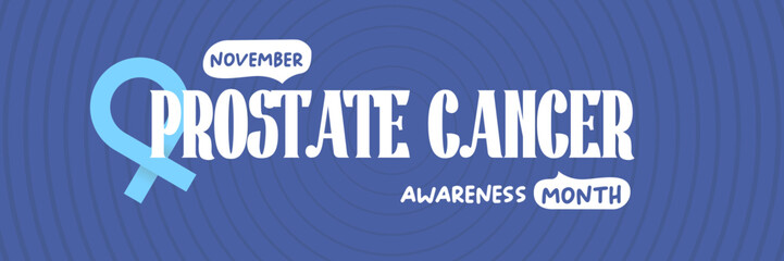 November Prostate cancer awareness month banner with blue ribbon icon. Blue November is prostate cancer awareness month. Movember mens health month poster and wide banner