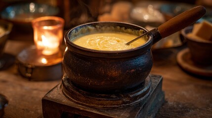 Warm, inviting cheese fondue experience with candlelit ambiance perfect for cozy gatherings and celebrations